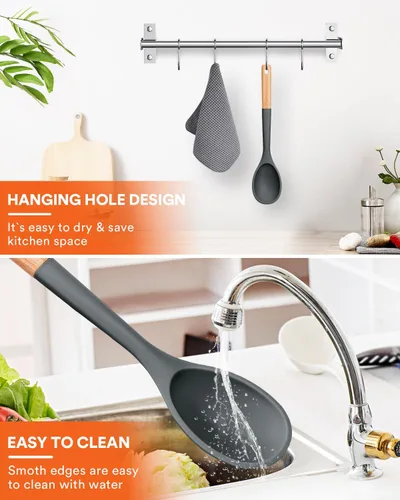 Miniatura 6 de Cucharas de cocina grandes de silicona, cuchara antiadherente con mango de madera maciza, cucharas de cocina de silicona resistentes al calor