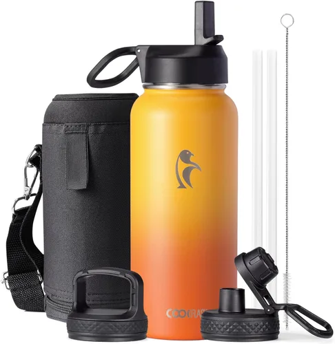Miniatura 63 de Coolflask Botella de agua de 20 onzas aislada con pajilla, 3 tapas de metal de acero inoxidable, botella de agua de boca ancha para deportes u
