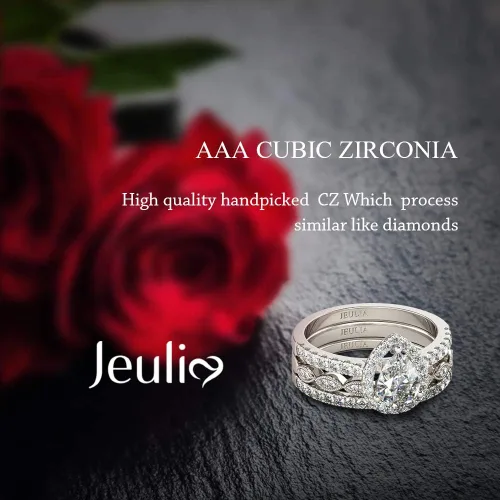 Miniatura 6 de Jeulia Juego de anillos de halo de corte pera, anillo de compromiso con forma de corazón CZ para mujer, plata de ley, diamante blanco, anillos
