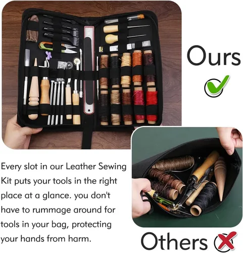 Miniatura 7 de Kit de trabajo de cuero de 60 piezas, kit de costura de cuero, herramientas de artesanía de cuero con bolsa de almacenamiento, herramientas