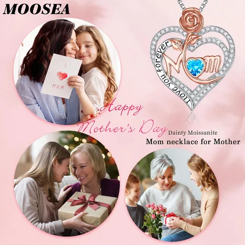 Miniatura 3 de MOOSEA Collar de mamá para mujer, collar de piedra lateral de diamante de moissanita, collar de piedra natal de corazón rosa de oro blanco de 18