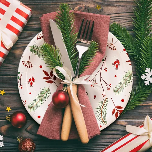 Miniatura 3 de MATICAN Platos de papel para fiesta, paquete de 50 platos de papel desechables, suministros de fiesta de Navidad, diseño de acebo de Navidad, platos