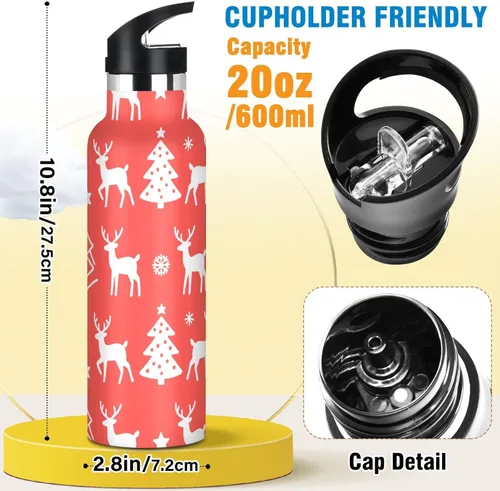 Miniatura 2 de Merry Christmas White Snowflakes Elk Leakproof and BPA Free Kids' Metal Water Bottle with Straw Lid Double Wall Vacuum Insulated Bottles for Travel