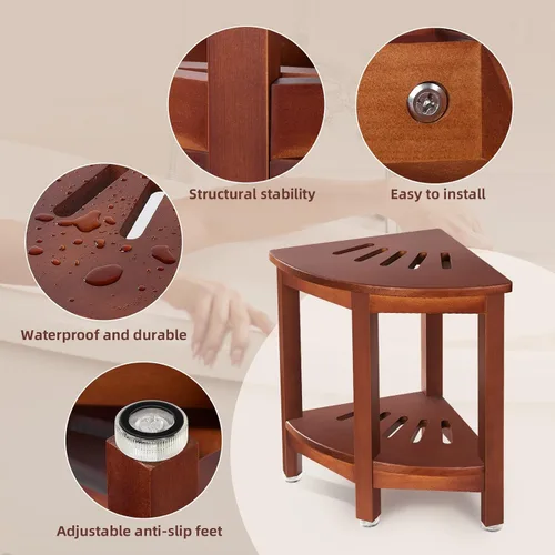 Miniatura 4 de HouseJoy Banco de ducha esquinero con estante, taburete de ducha de esquina de 16.5 pulgadas de alto para afeitarse las piernas, reposapiés