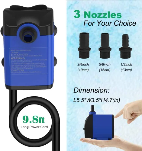 Miniatura 4 de Knifel Bomba sumergible 1056GPH (4000L/H 85W) ultra silenciosa con protección contra sobrecalentamiento, cable de alimentación de 9.8 pies