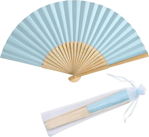 Miniatura 9 de 50 abanicos de mano de papel con bolsas de organza, abanicos plegables de mano de bambú para bricolaje, recuerdos decorativos de fiesta de boda Crema