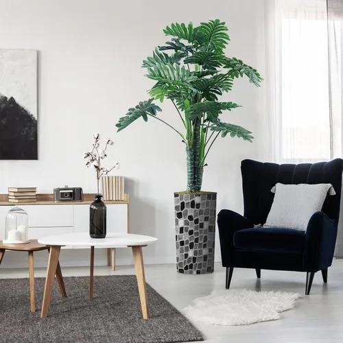 Miniatura 9 de Árbol artificial en macetero moderno con patrón geométrico, palmeras tropicales areca falsas de seda para decoración del hogar en interiores