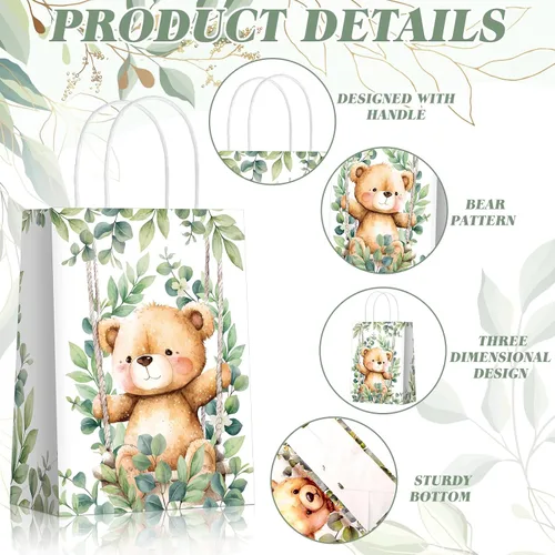 Miniatura 5 de Yeaqee - 24 bolsas de regalo de papel con asas para fiesta de oso lindo tema de oso con asas, bolsas de dulces para baby shower, fiestas de bosque