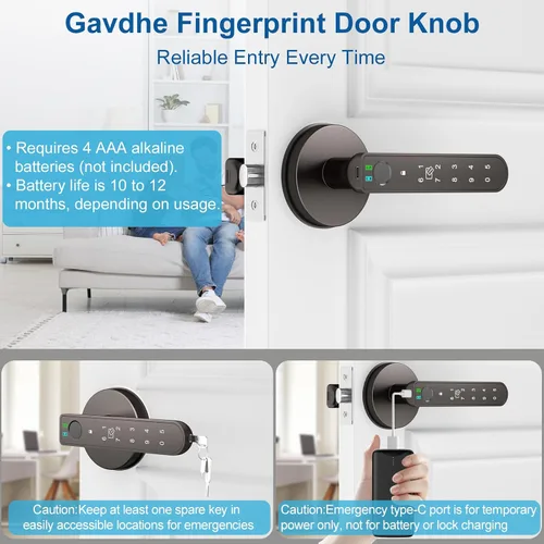 Miniatura 5 de Cerradura de puerta de huellas dactilares, perilla inteligente de puerta con entrada sin llave, cerradura de puerta biométrica con control de Gris