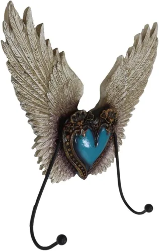 Miniatura 4 de Ebros Gift Corazón de flor de Lis de cuero sintético rústico occidental con alas de roca turquesa y ángel, ganchos dobles decorativos para colgar