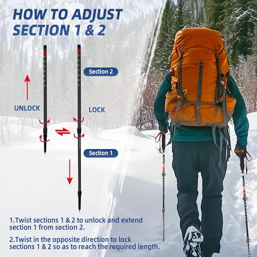 Miniatura 3 de Bastones de trekking ligeros y plegables para senderismo – Paquete de 2 bastones de senderismo ajustables, bastones de aluminio para esquí, caminata