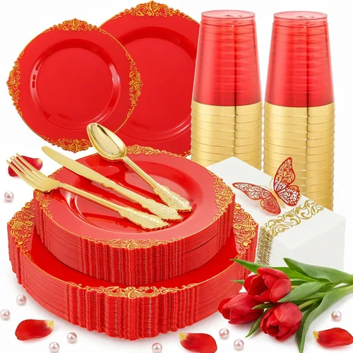 Morejoy 175 platos de plástico rojo, platos desechables rojos con borde dorado, juego de vajilla de plástico rojo y dorado incluye: 50 platos, 25