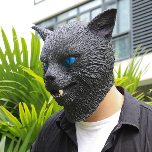 Miniatura 7 de NA - Máscara realista de látex de cabeza completa para gato, máscara de animal de terror, máscara de gato negro para Halloween, Navidad, accesorios