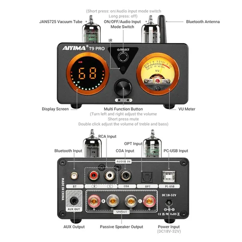 Miniatura 2 de AIYIMA Amplificador Bluetooth T9 PRO de 200W Amplificador de Potencia Digital HiFi Clase D Canal 2.0/2.1 Amplificador DAC de Tubo de Vacío
