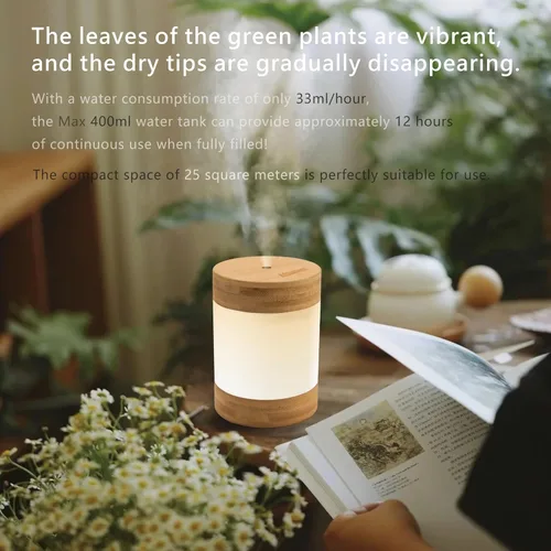 Miniatura 7 de Mini humidificador ultrasónico de bambú, humidificador de escritorio silencioso de 14.1 onzas líquidas con luz nocturna LED dual, alimentado por