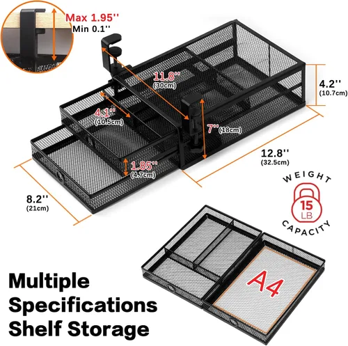 Miniatura 6 de ROSYLINE Organizador de cajones para debajo del escritorio y escritorio, organizador de cajones deslizantes de metal de 2 niveles, almacenamiento