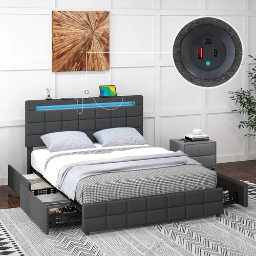 Miniatura 9 de Giantex Base de cama individual con luces LED y 4 cajones, base de cama de plataforma tapizada con puertos USB, diseño de cabecera ajustable