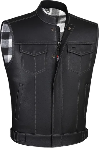 Miniatura 11 de SOA - Chaleco de motocicleta para hombre, piel de búfalo de alta calidad, armadura trasera, bolsillos interiores, chalecos de club de motociclista