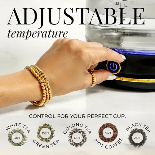 Miniatura 5 de Hervidor eléctrico de vidrio, sin plástico, acero inoxidable, apagado automático y función de mantener el calor, tetera negra y dorada con control