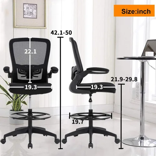 Miniatura 3 de Silla de oficina alta, de altura ajustable, con soporte lumbar y brazos abatibles; silla de respaldo de malla con reposapiés. Banco para escritorio