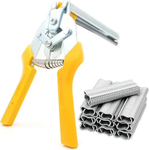 Kit de alicates tipo M Hog Nail Ring con 2400 clips M para fijación de vallas, instalación de tapicería, jaulas de animales (amarillo)