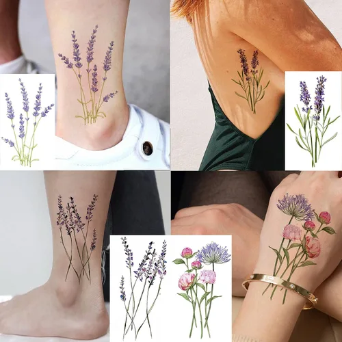 Miniatura 6 de COKTAK Lavander Tatuajes temporales de colibrí de flores.