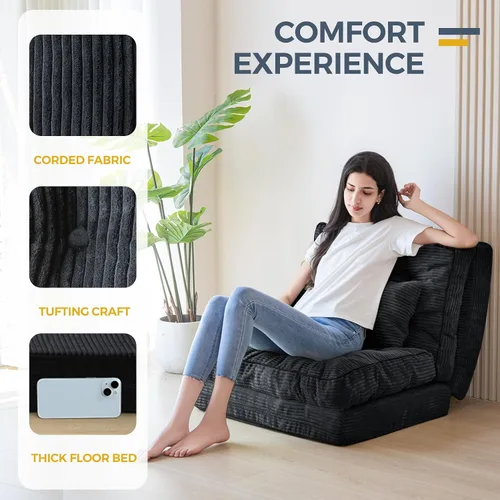 Miniatura 5 de MAXYOYO Sofá cama plegable, puf copetudo con almohadas, sofá de suelo para adultos, sofá de piso extra grueso y largo, sofá individual para Negro