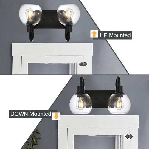 Miniatura 5 de Luz de tocador de baño con vidrio esmerilado en forma de globo de 2 luces, aplique de pared industrial negro para vestíbulo o pasillo