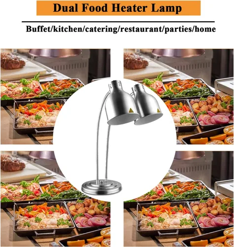 Miniatura 5 de Lámpara de calor de alimentos de doble bombilla Restaurante Calentador de alimentos Luz Portátil Lámparas de calefacción Plata (doble cabeza)