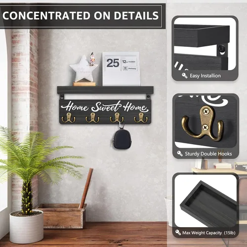 Miniatura 7 de buways Portallaves Decorativo de Pared, Colgador de Llaves de Madera Rústica para Pared con 4 Ganchos Dobles para Llaves, Estante Portallaves