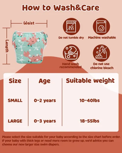 Miniatura 76 de Alva, Pañales de bebé para nadar, paquete de 2 unidades, talle único, reutilizable, lavable y ajustable de 0 a 36 meses. Tamaño de 10 a 40 lbs