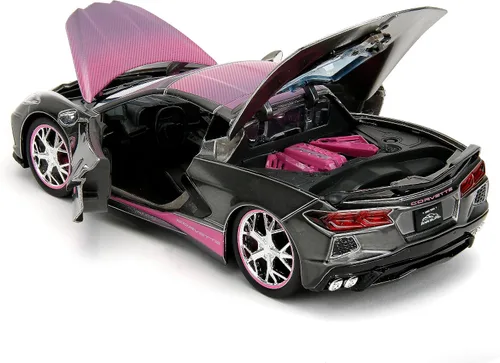 Miniatura 6 de Jada Pink Slips 1:24 W2 2020 Chevy Corvette Stingray - Auto fundido a presión con base, juguetes para niños y adultos (gris metálico/rosa)