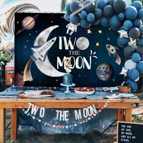 Miniatura 4 de AIBIIN 7x5ft Two the Moon Bckdrop Espacio Exterior Boy 2º cumpleaños Fotografía Fondo Universo Galaxia Cielo Planeta Estrellas Decoraciones