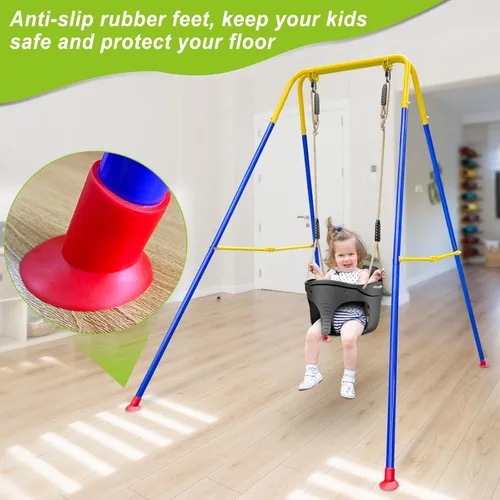Miniatura 4 de SELEWARE Juego de columpios para niños pequeños con soporte plegable de acero para uso en interiores y exteriores, bonito diseño en forma de Negro