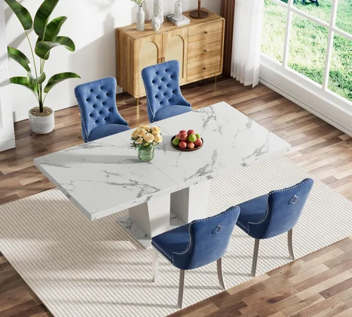 Miniatura 37 de Juego de mesa de comedor extensible marrón de 63 a 78.74 pulgadas para 4, juego de mesa de comedor de 5 piezas con 4 sillas, mesa de cocina