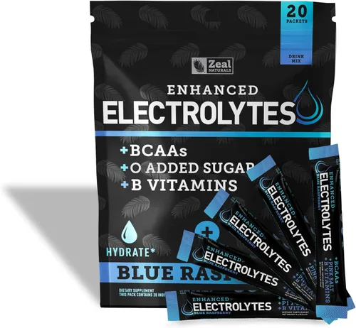 Paquetes de electrolitos mejorados en polvo (frambuesa azul | 20 paquetes) con 0 azúcar+BCAA + suplemento de electrolitos de vitaminas B con zinc de