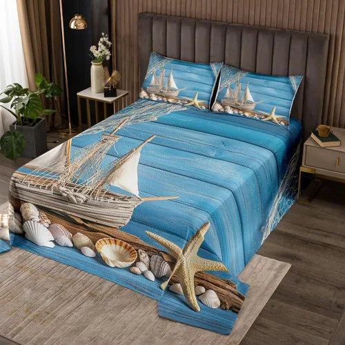 Miniatura 32 de Erosebridal Juego de colcha náutica, juego de edredón de lancha de vela, faro, acuarela con temática oceánica, juego de ropa de cama de verano