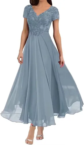 Miniatura 4 de Vestidos de noche formales de gasa con mangas y cuello en V para madre de la novia