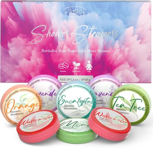 Shower Steamers - Paquete de 8 bombas de ducha de aceites esenciales naturales para cuidado personal, spa en casa, alivio del estrés y relajación,