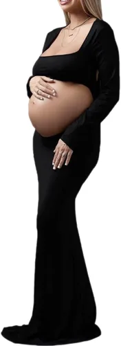 AIFOTO Vestido de maternidad sexy expuesto vientre de manga larga sin espalda cuello cuadrado recortado vestidos de fotografía vestidos de sesión de