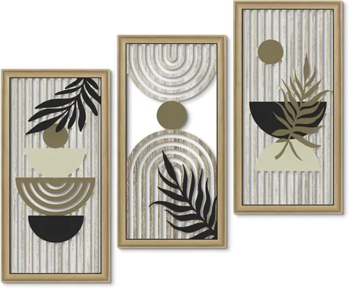 Putuo Decor Arte abstracto bohemio para pared, juego de 3, decoración de pared de madera botánica geométrica moderna, arte minimalista enmarcado de