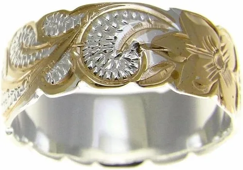 Miniatura 4 de Arthur's Jewelry Anillo de plata de ley 925 con diseño de reina hawaiana chapado en oro amarillo con borde recortado de 2 tonos, tamaño 3-14