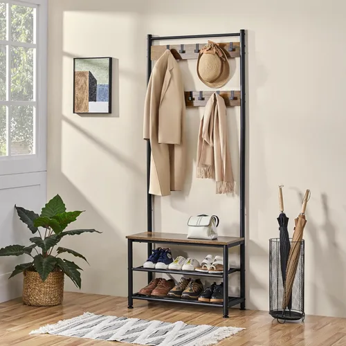 Miniatura 2 de Yaheetech - Perchero, 3 en 1, árbol de pasillo con banco y almacenamiento para zapatos, banco independiente para entrada con perchero, Marrón rústico