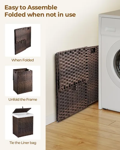 Miniatura 7 de GREENSTELL - Cesta de ropa con tapa, 90 l, con 2 bolsas extraíbles y 2 bolsas de malla, cesto de ratán sintético tejido a mano para ropa, juguetes