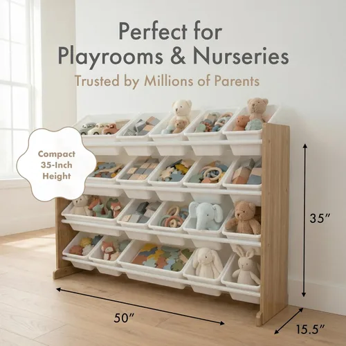 Miniatura 6 de Humble Crew Organizador de juguetes extra grande con 20 contenedores de plástico – Estantería de almacenamiento color natural/blanco con 4 estantes