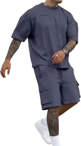 Conjunto corto de 2 piezas para hombre, conjunto casual de verano de manga corta para hombre, con bolsillo tipo cargo