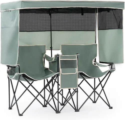 Silla de playa doble con toldo de gran tamaño, sillas de camping con toldo, bolsa enfriadora y portavasos, sofá biplaza plegable para campamento,