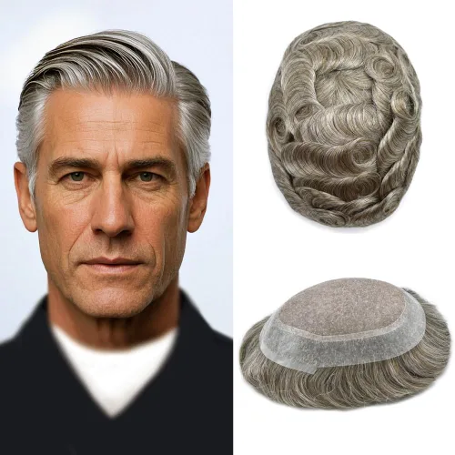 Miniatura 48 de Tupé para hombres, piezas de cabello humano real, sistema de unidades de cabello natural, línea capilar natural, pieza de repuesto para hombres
