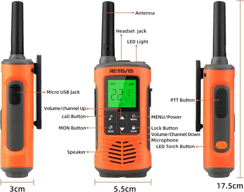 Miniatura 8 de Retevis RT45P Walkie Talkies impermeables IP67, radio recargable de dos vías para adultos, 22CH SOS NOAA, con batería de 1000 mAh y cargador USB-C