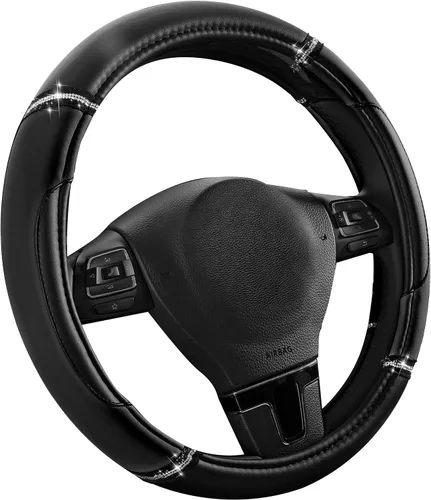 Miniatura 2 de Road Comforts Funda de cuero para volante, fabricada con piel de PVC, antideslizante, ajuste universal de 14 1/2 a 15 pulgadas, color negro